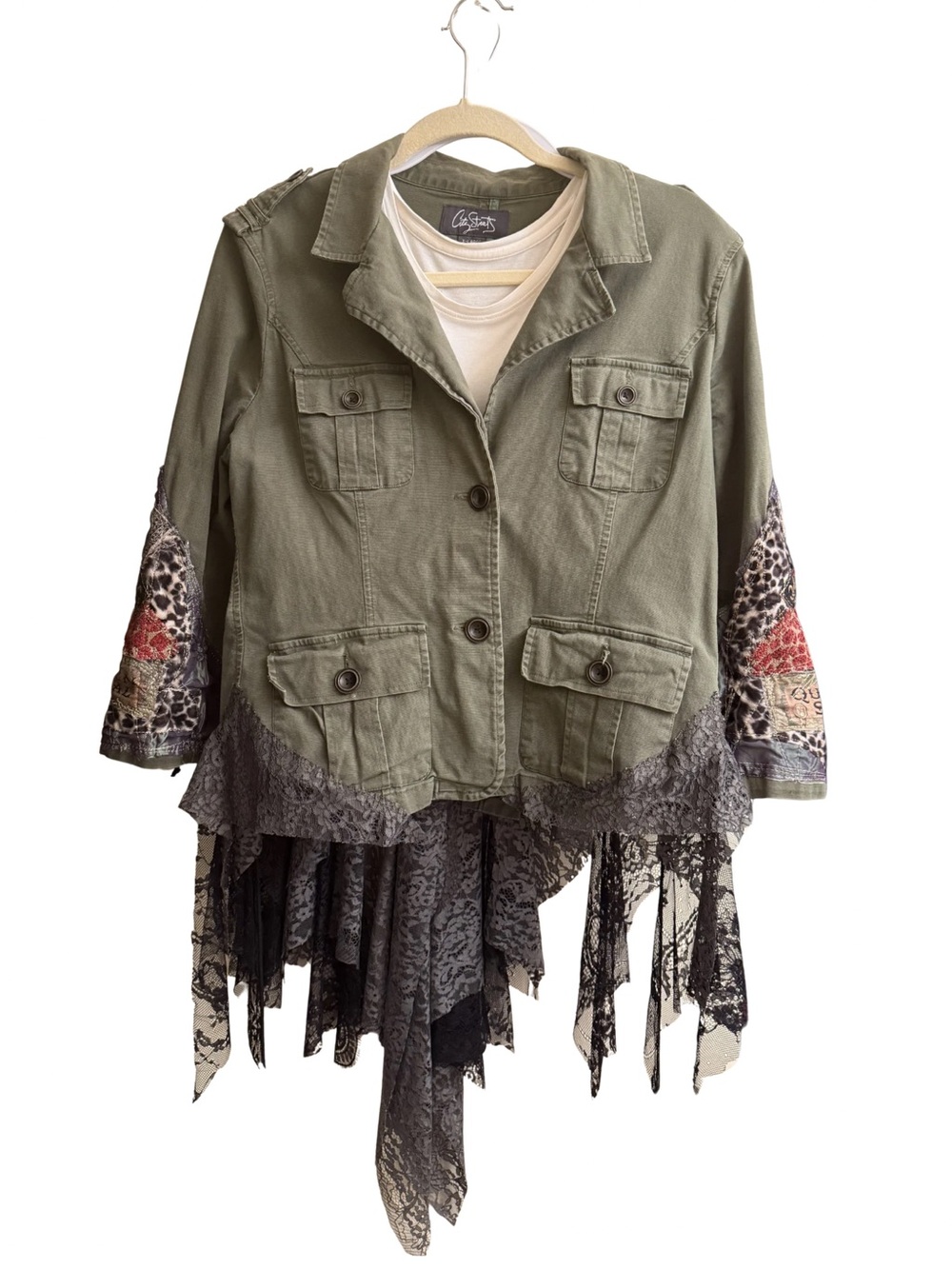 Hand Crafted Olive Green Patchwork Military Jacket with Lace Panels - Picture 7 of 10